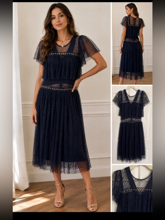 no brand Dresses & Skirts - Sheer Navy Midi Dress with Eyelet Embellishment